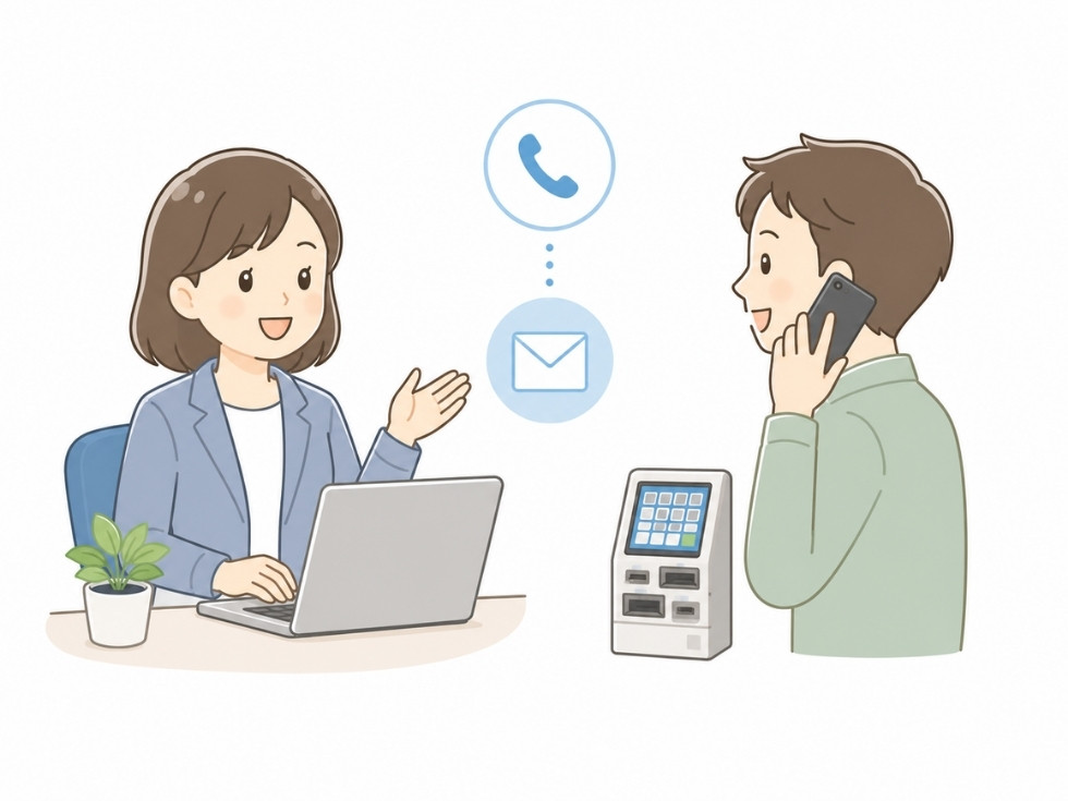 中古券売機・両替機の買取査定について、電話やメールで問い合わせる様子のイラスト